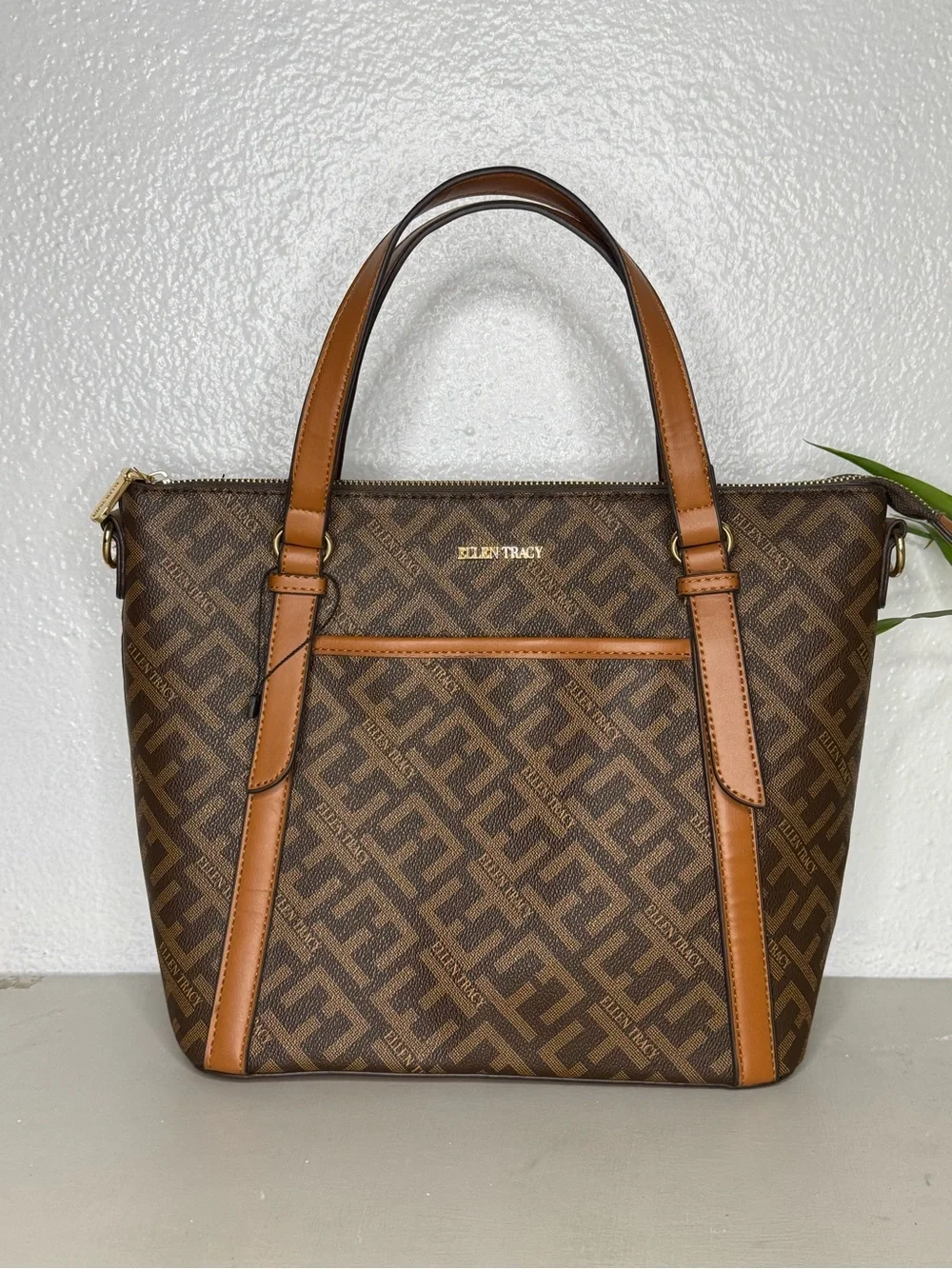 Ellen Tracy - Brown Monogram Tote with Tan Trim Brand New Bag